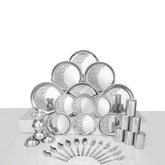 Designer Stainless Steel Delight Laser Bloom Leaf Dinner Set Of 36 Pieces, Silver | 6 Dinner Plates+ 6 Side Plates+ 6 Glasses+ 6 Bowls+ 6 Dessert Spoons+ 6 Dessert Fork